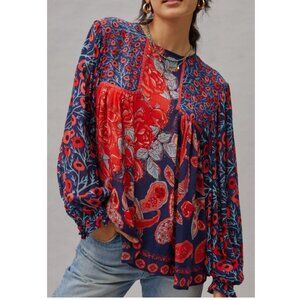 Anthropologie x Bl-nk London Miranda Balloon Sleeves Peasant Blouse Top Red/Navy